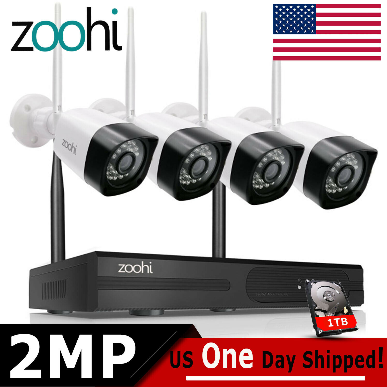Zoohi 1080p Home Security Camera System Wireless Outdoor Cctv 4ch Hdmi Nvr 1tb