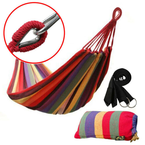 Cotton Rope Hanging Hammock Swing Camping Canvas Bed W/ Heavy Duty Strap & Hook