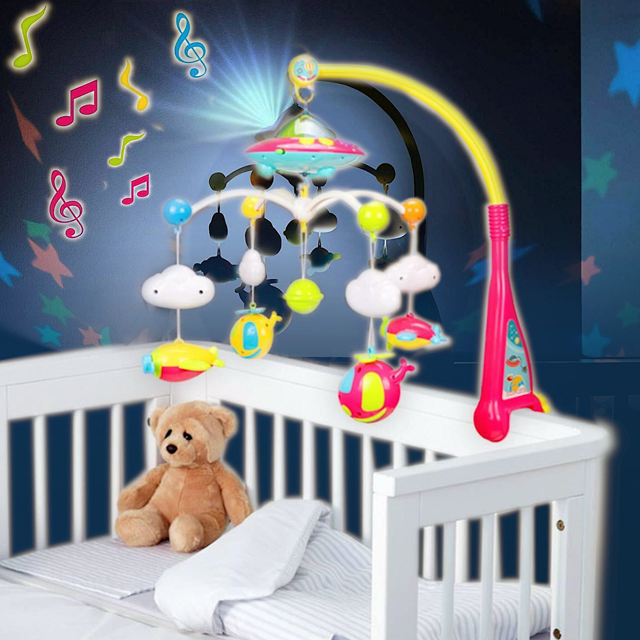Baby Crib Mobile Toy With Lights And Music Star Projector 108 Songs Musical Box